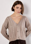 Embroidered Heart Pointelle Cardigan, Brown, large