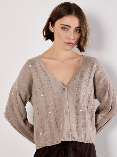 Embroidered Heart Pointelle Cardigan