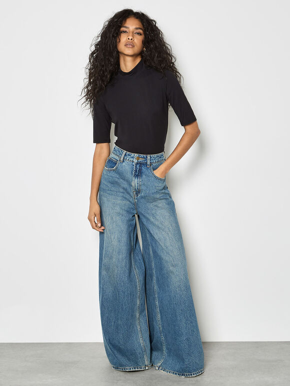 Jersey Mock Neck Top, Black, large