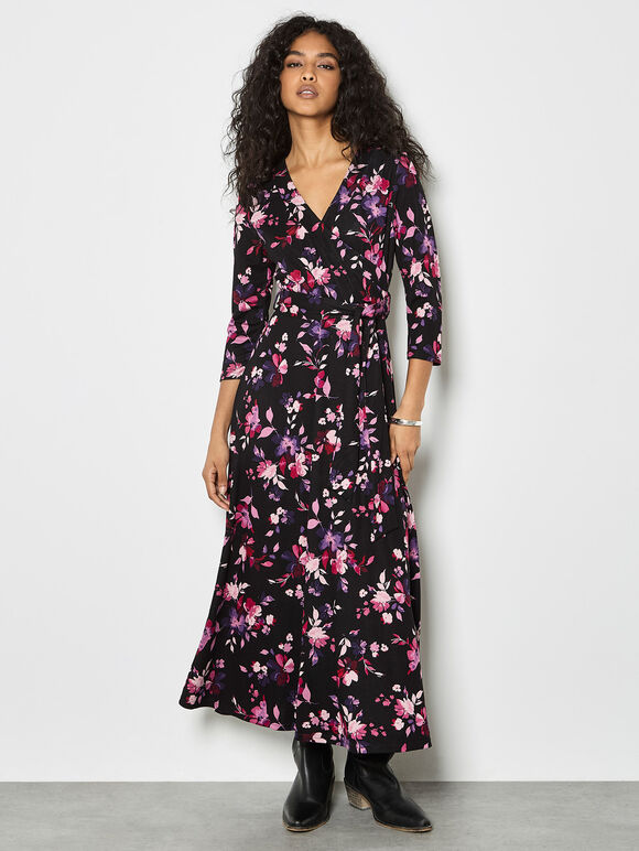 Ombre Floral Wrap Maxi Dress, Black, large