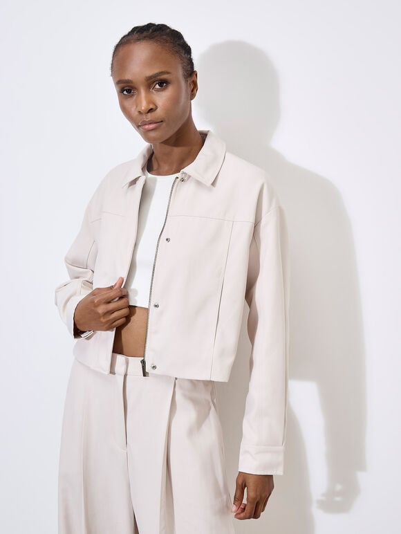 Soft Tailored Cropped Jacket, Stone, large