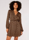 Geometric Satin Wrap Mini Dress, Brown, large