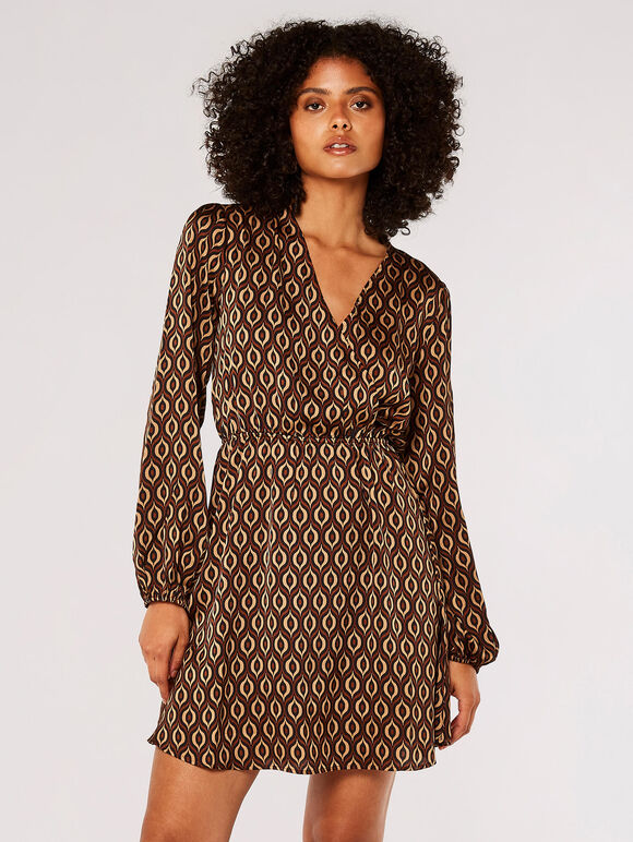Geometric Satin Wrap Mini Dress, Brown, large