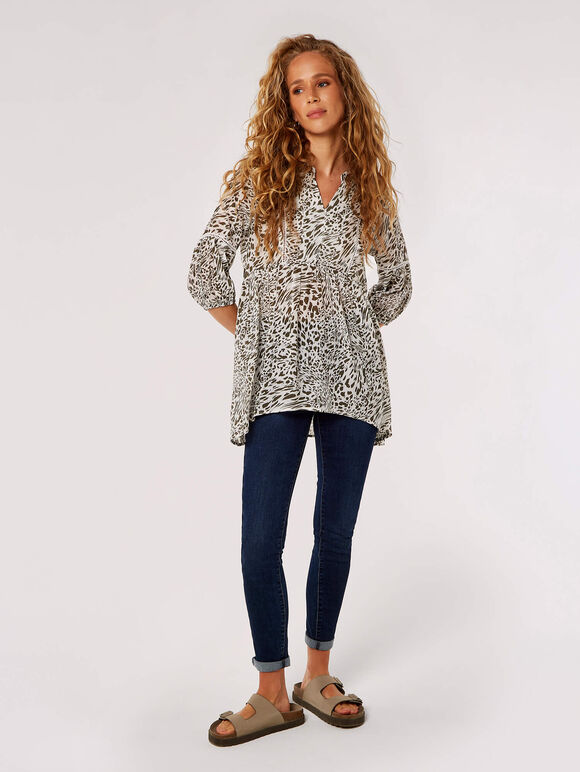 Animal Print Lace Detail Top, White, large