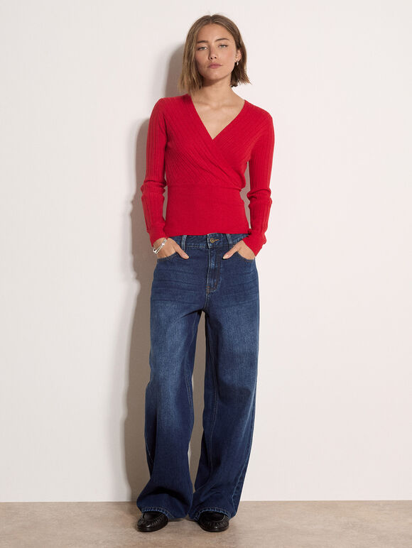 Rib Knit Wrap Top, Red, large