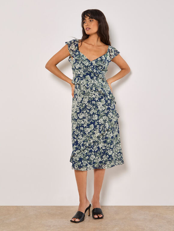 Floral Asymmetric Ruffle Midaxi Dress, Navy, large