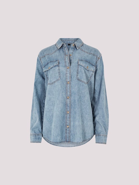 Oversized Cotton Denim Shirt, Blue, large