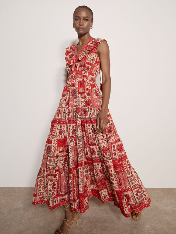 Shimmer Scarf Print Tiered Midaxi Dress, Red, large