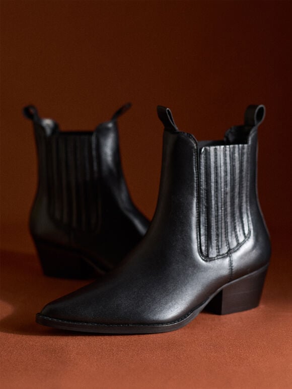 Short Heeled Pointed Boots, Black, large