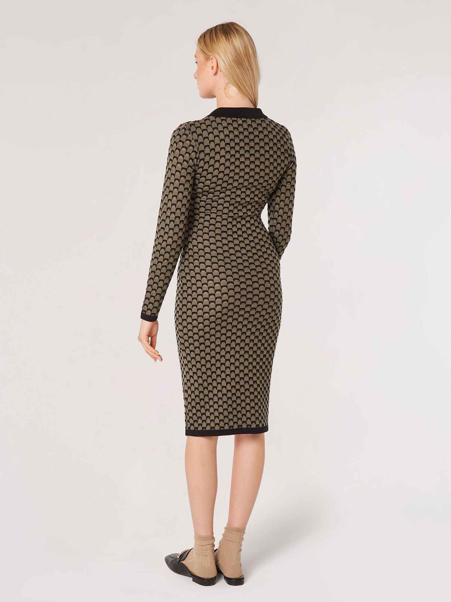 Geometric Bodycon Knit Midi Dress Apricot Clothing