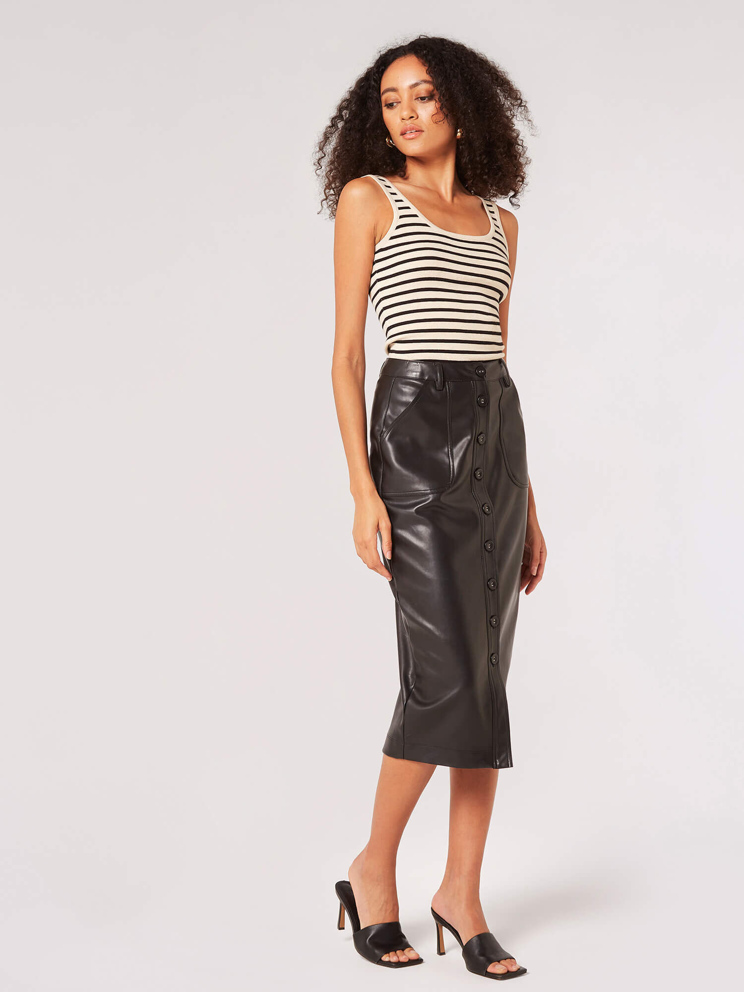 Button Down Faux Leather Midi Skirt Apricot Clothing