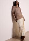 Cotton-Blend Lace Tiered Midi Skirt, Cream, large