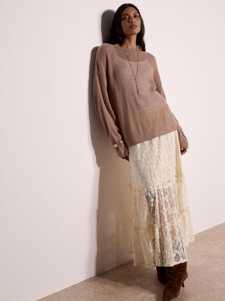 Cotton-Blend Lace Tiered Midi Skirt