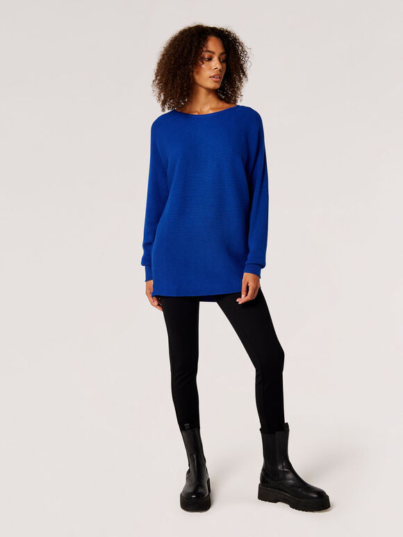 Langer, gerippter Batwing-Pullover, Blau, Größe L