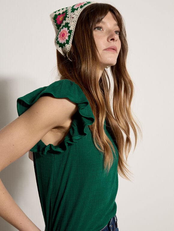 Soft Slub Ruffle Sleeve T-Shirt, Green, large