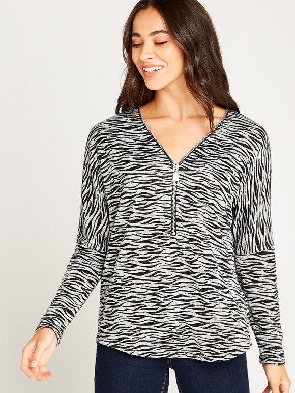 Zebra Big Zipper Top, Grey, large