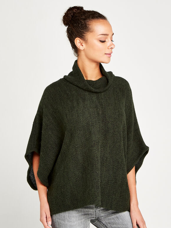 Waffle Cowl Neck Cape Top, Khaki, large
