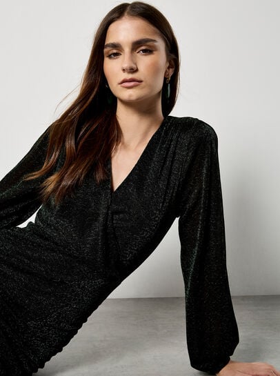 Metallic Mesh Wrap Mini Dress