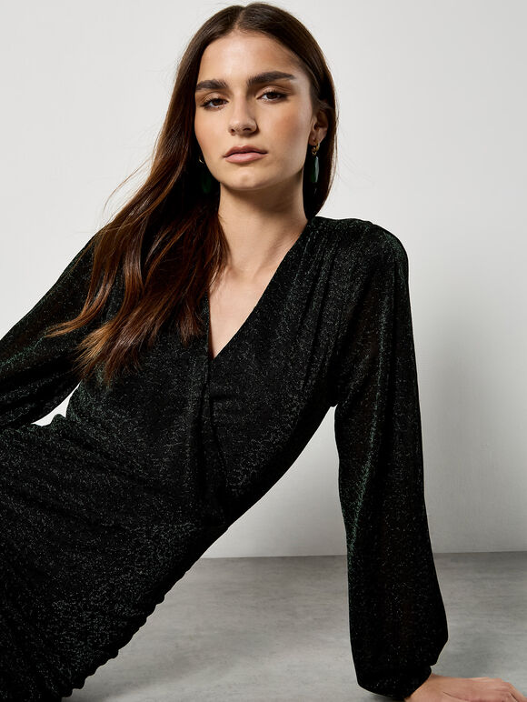 Metallic Mesh Wrap Mini Dress, Green, large