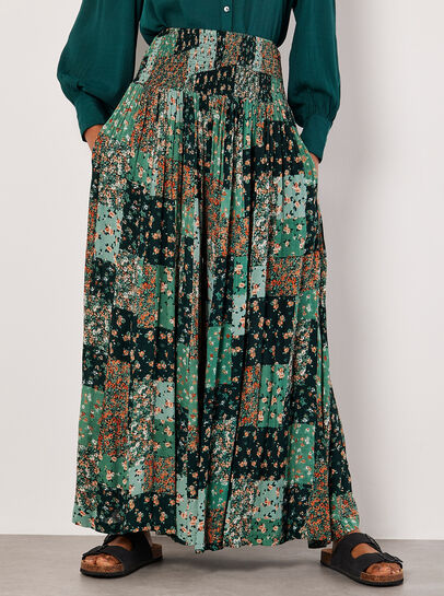 Floral Patchwork Crinkle Wide-Leg Trousers