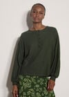 Waffle Knit Button Neck Top, Green, large