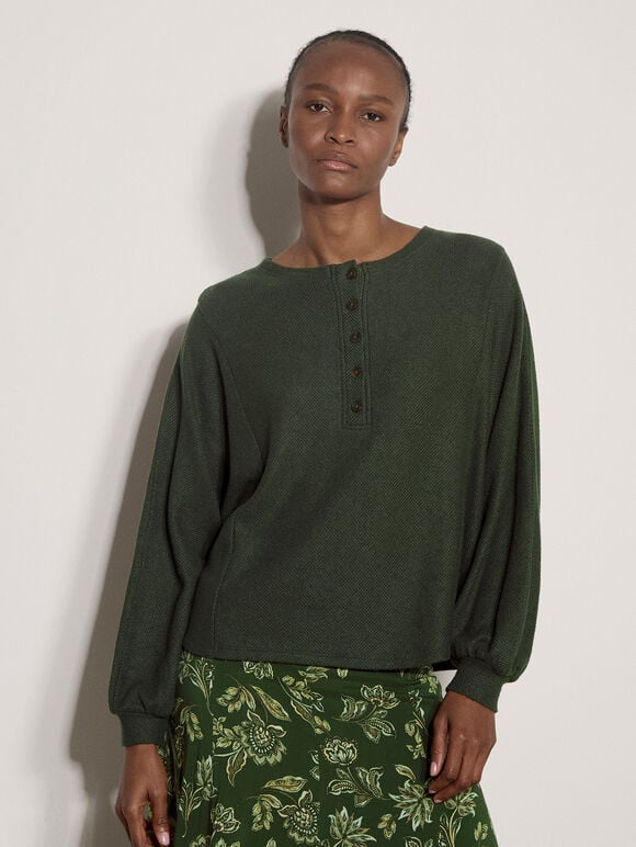 Waffle Knit Button Neck Top, Green, large