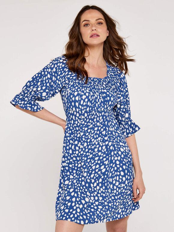 Brushstroke Dot Milkmaid Dress, Blue, large