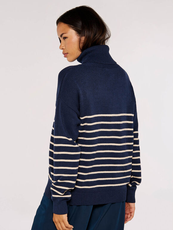 Striped Roll Neck Jumper, Navy, large