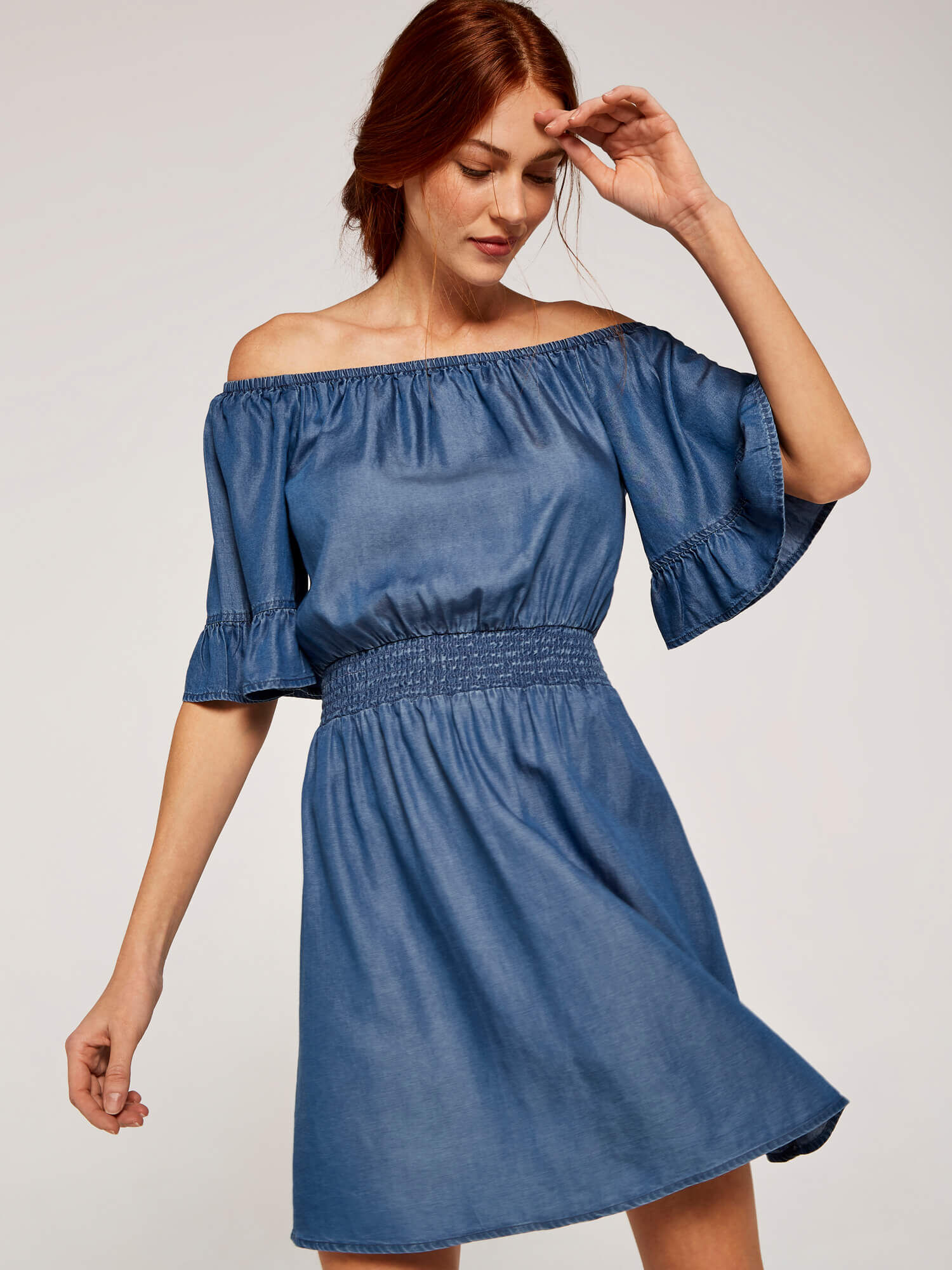 Chambray Bardot Dress | Apricot UK