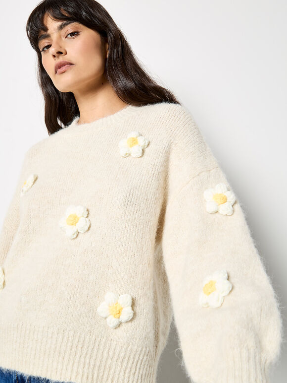 3D Daisy Embellished Oversized Jumper, Stone, large