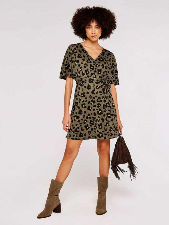 Animal Print Mini Dress, Khaki, large