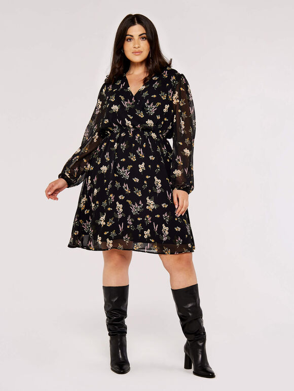 Curve Floral Mini Dress, Black, large