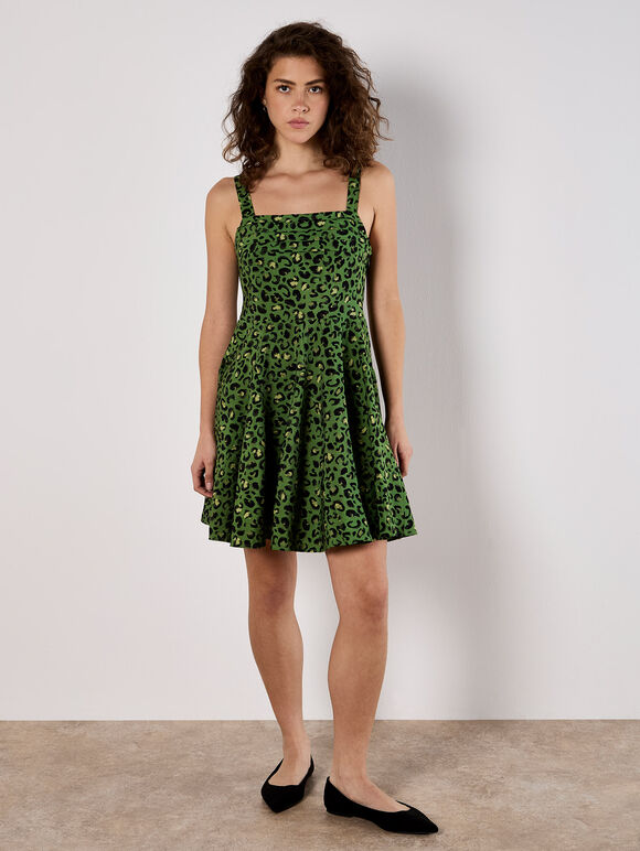 Animal Print Skater Mini Dress, Green, large
