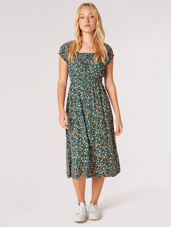 Robe Midi Garden Floral Milkmaid, Vert, grand