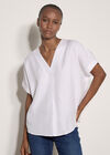 Pleated V-Neck Blouse, White, large