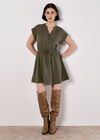 Button-Down Skater Mini Dress, Khaki, large