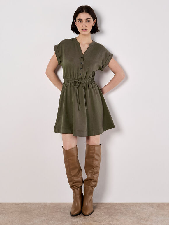 Button-Down Skater Mini Dress, Khaki, large