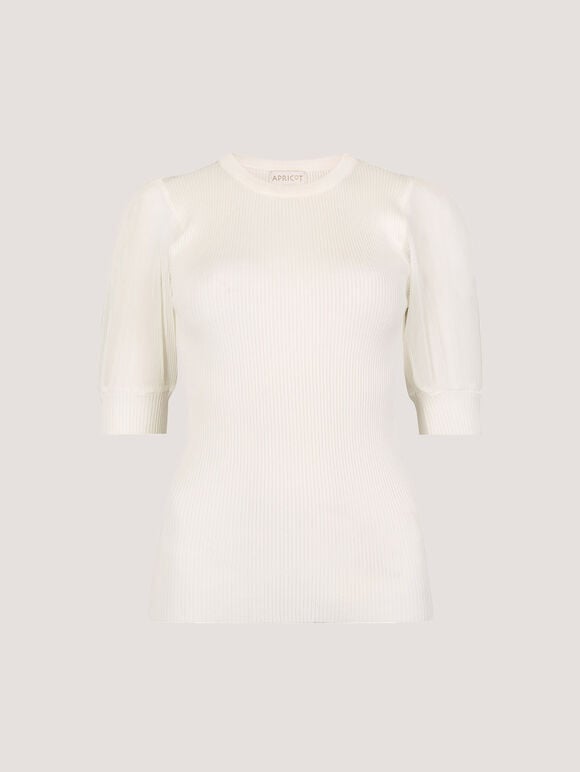 Plisse Sleeve Rib Knit Top, White, large