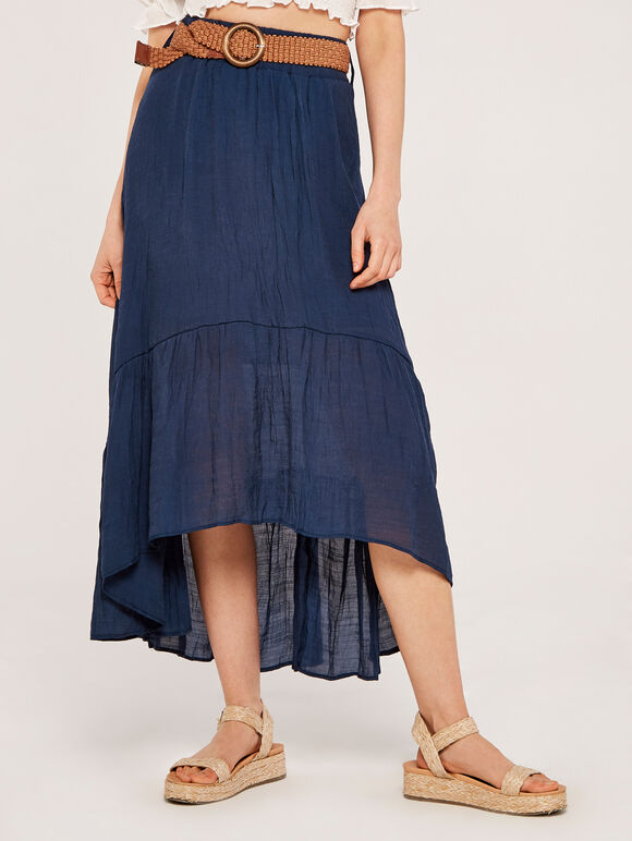 Shark Hem Crinkle Belted Skirt, Navy, large
