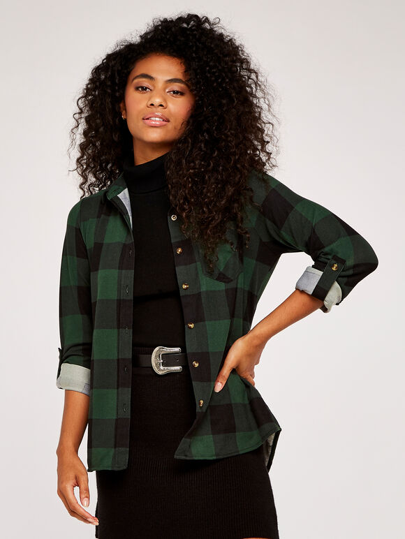 Gingham Fleece Lined Shirt, Green, large