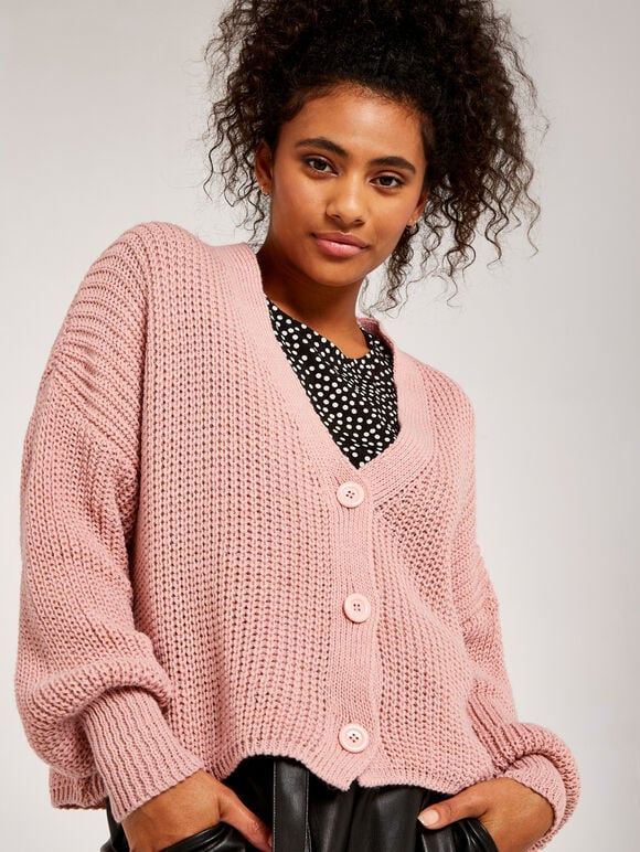 Chunky Knit Cropped Cardigan, Pink, large
