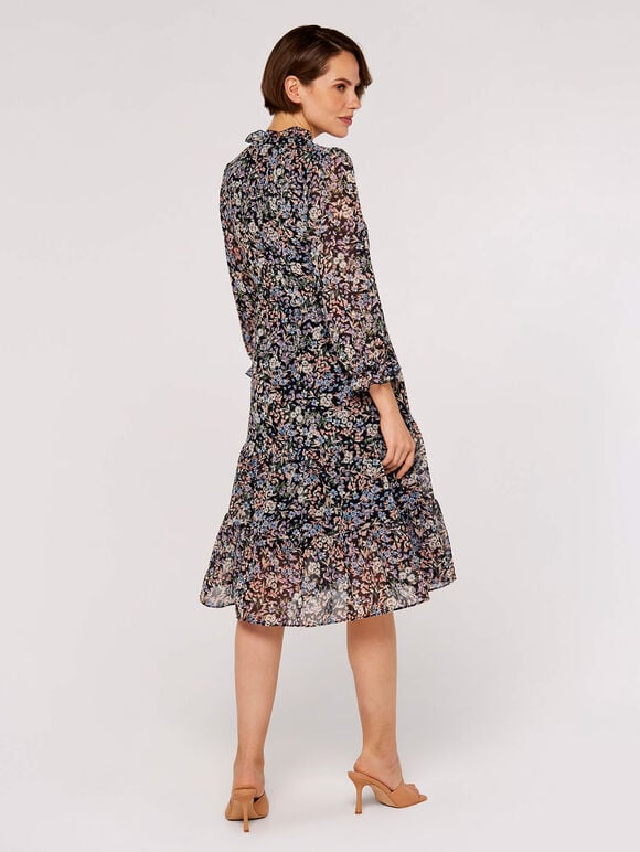 Ditsy Ruffle Chiffon Dress, Navy, large