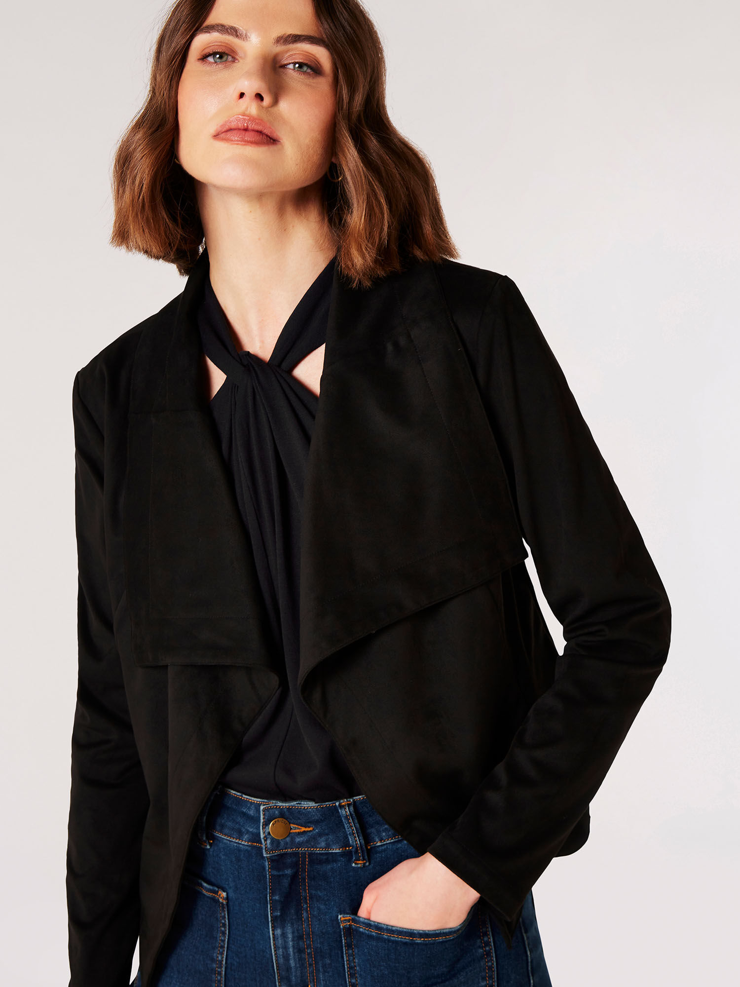 Cropped Suede Waterfall Jacket Apricot Clothing