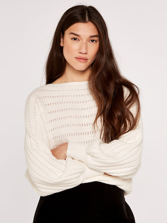 Pointelle Stripe Batwing Jumper, Cream, large