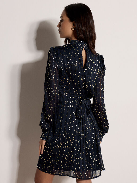 Gold Foil Spot Self-Stripe Mini Dress, Navy, large