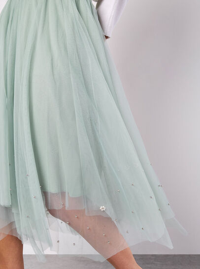 Pearl Embellished Tulle Midi Skirt