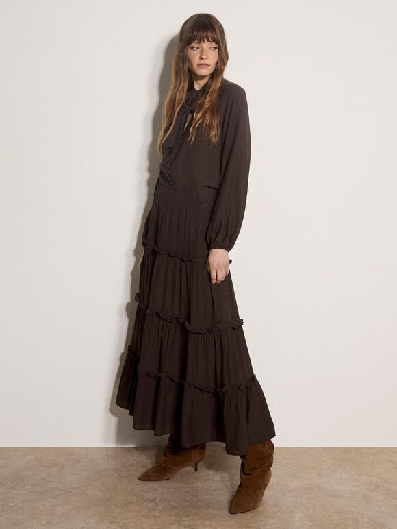 Ruffle Tiered Maxi Skirt, Brown, large