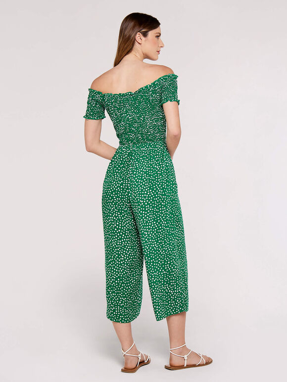 Dots Smocked Bardot Jumpsuit, Green, large