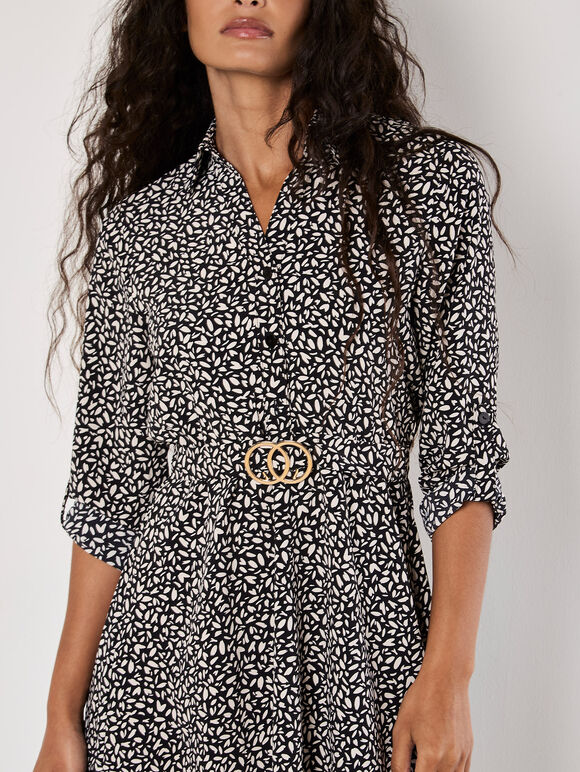 Petal Print Belted Shirt Mini Dress, Stone, large