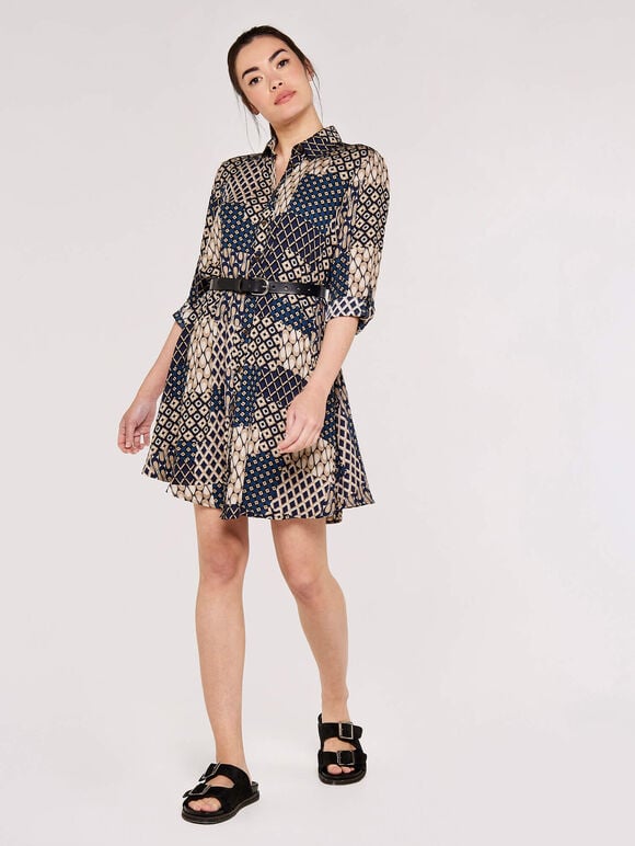 Patchwork Shirt Mini Dress, Navy, large